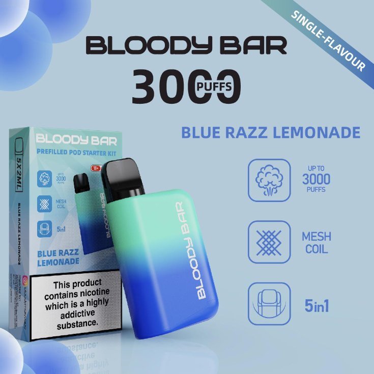 5 in 1 Bloody Bar 3000 Puffs Prefilled Pod blue razz lemonade