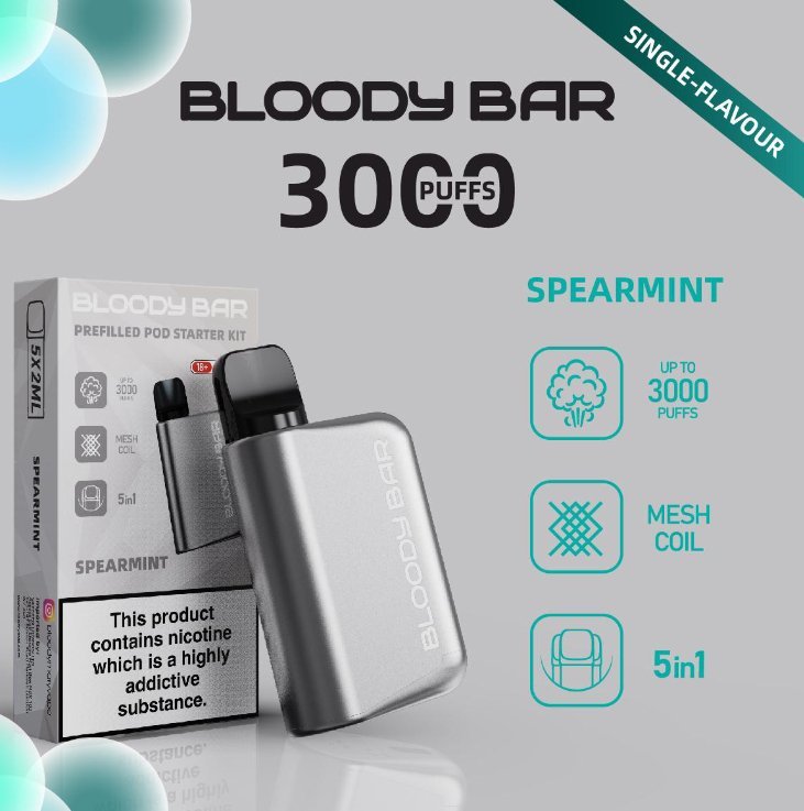 5 in 1 Bloody Bar 3000 Puffs Prefilled Pod spearmint