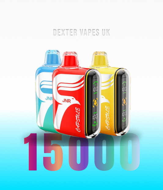 three Jnr capsule 15000 puffs Disposable  Vapes white and blue background  